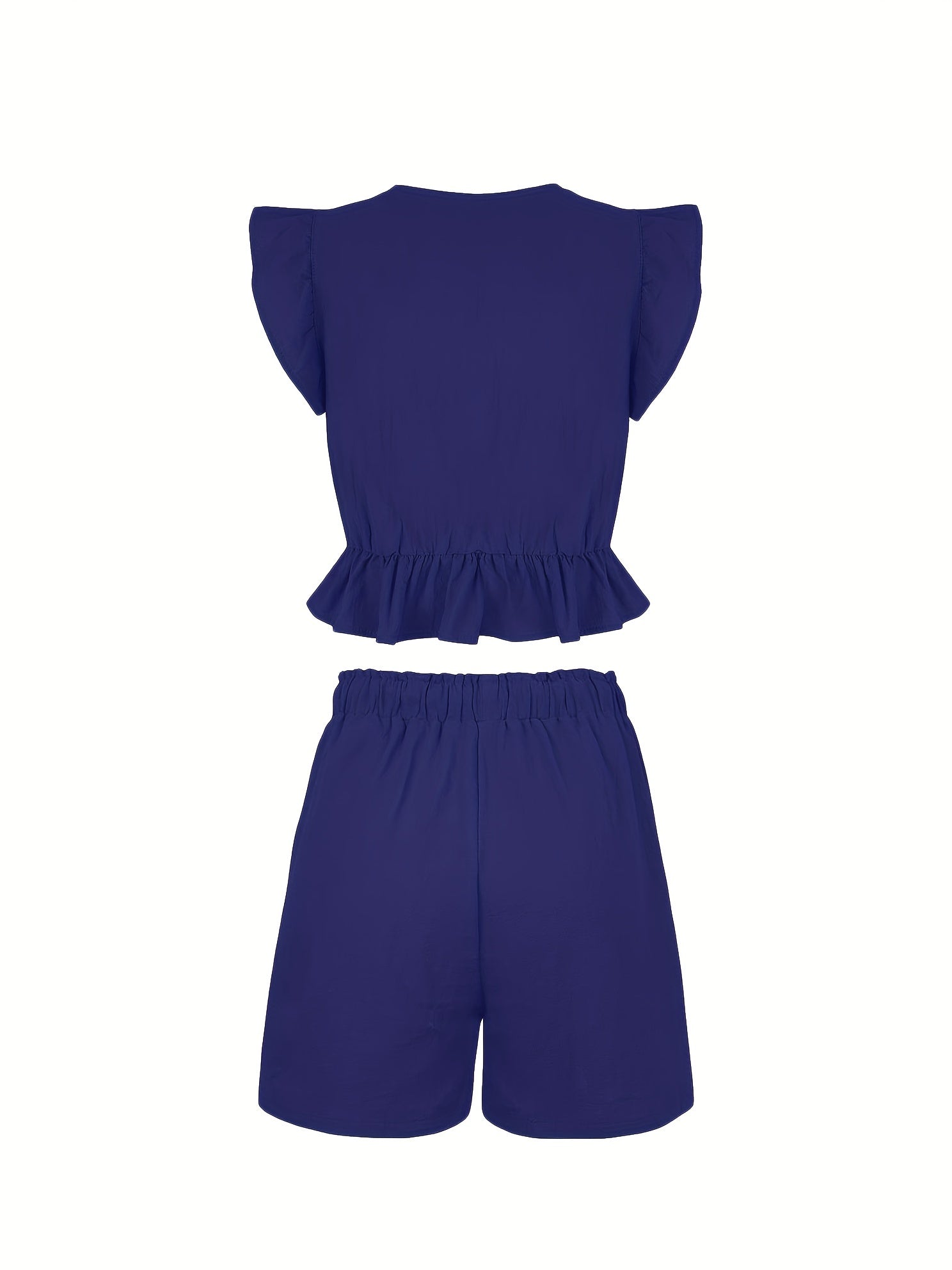 Solid Ruffle Sleeve Crop Top & Shorts Set