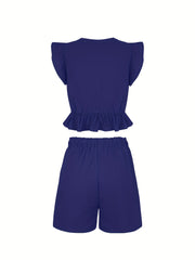  Solid Ruffle Sleeve Crop Top & Shorts Set