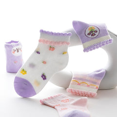 Girls Ruffled Flower Print Knit Socks Cartoon Mesh Breathable Socks
