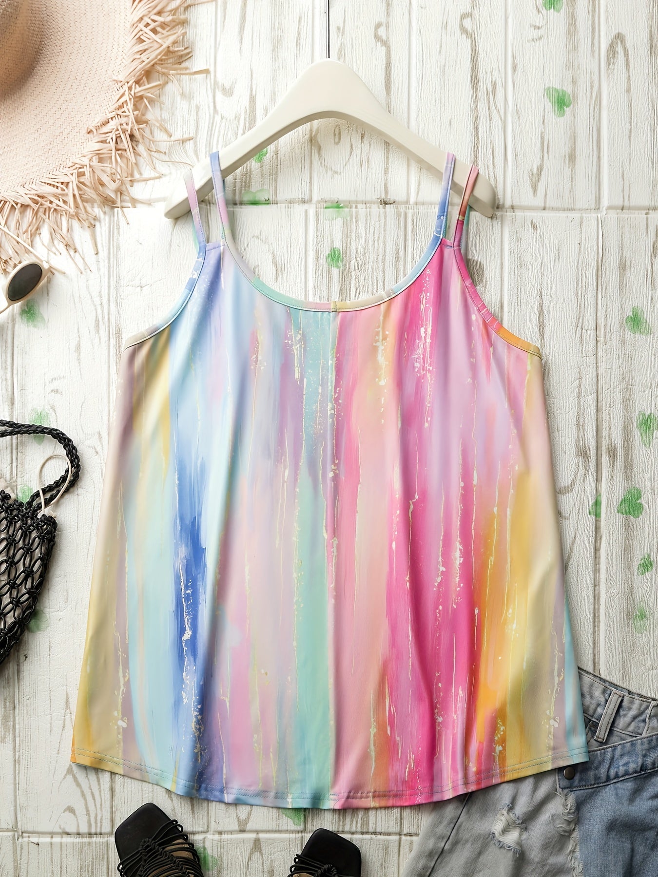 Glitter Rainbow Print Plus Size Casual Tank Top