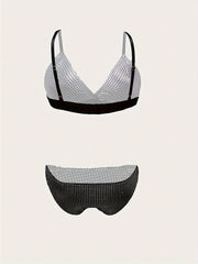  Metallic Grid V Neck Bra & Glitter Panty Set