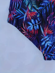  Boho Swimsuit Tropical Print Round Neck Tummy Control One Piece