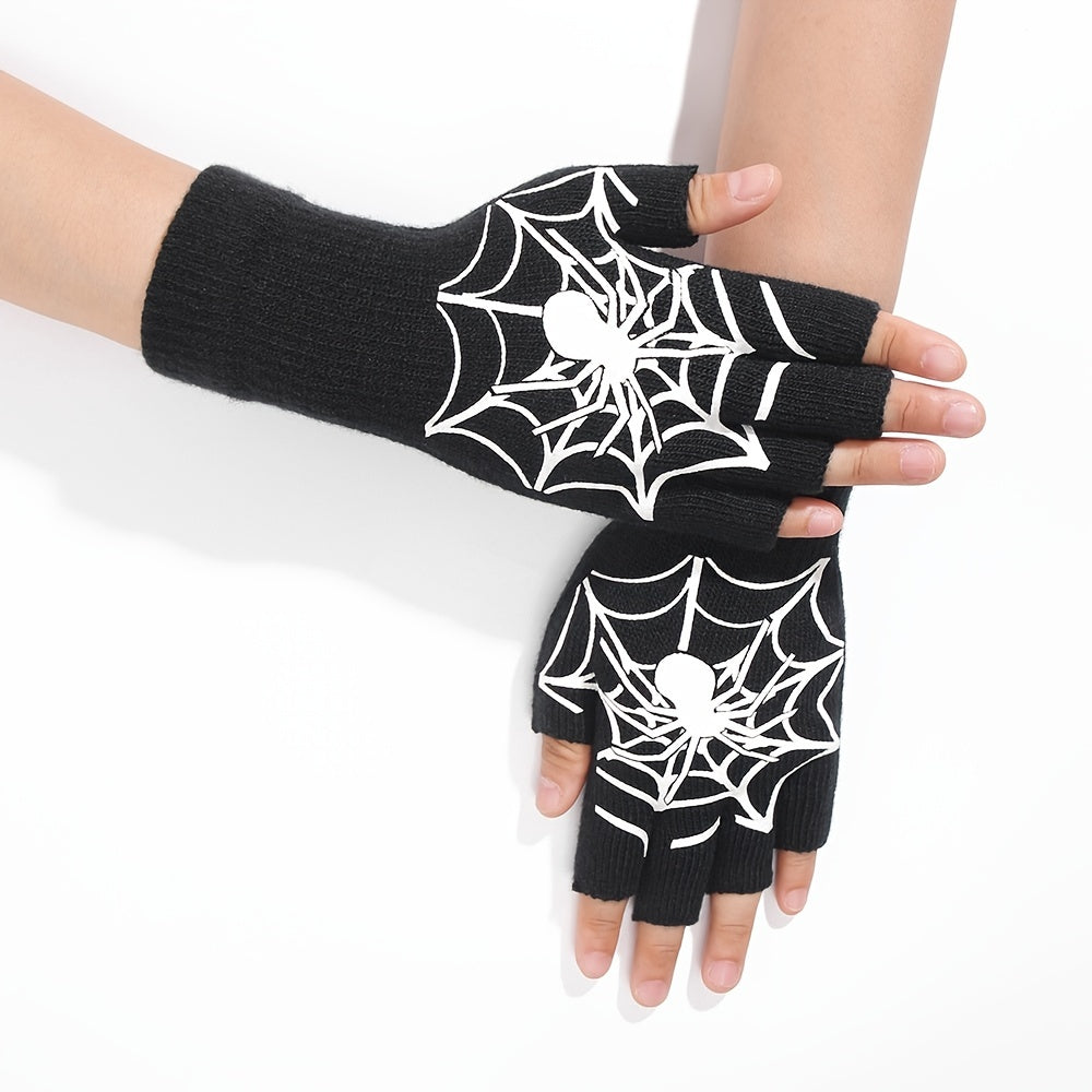 Winter Knitted Touch Screen Gloves Halloween Spider Pattern Half Finger Gloves