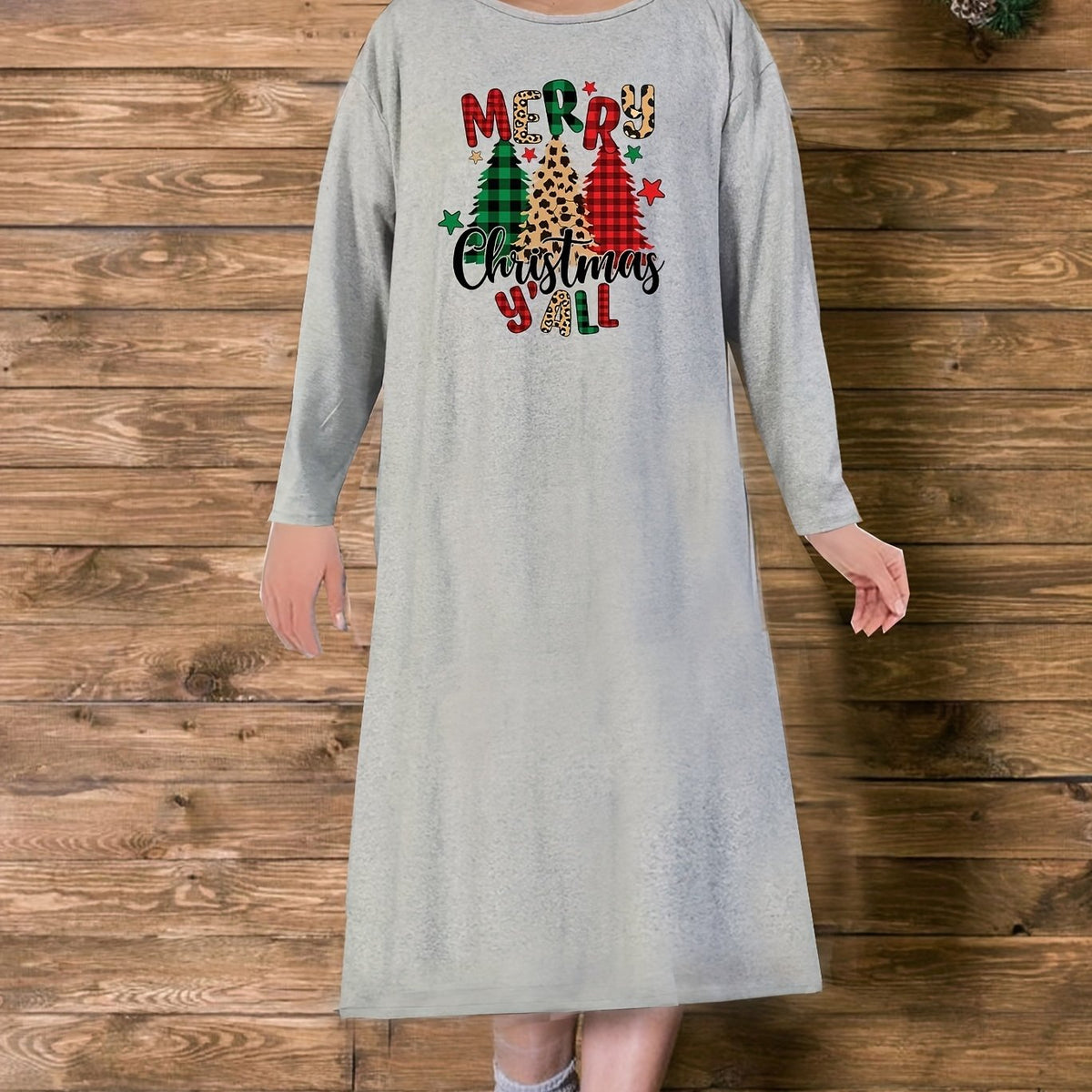  Christmas Loungewear Dress Women's Plus Plaid Christmas Tree Long Slee