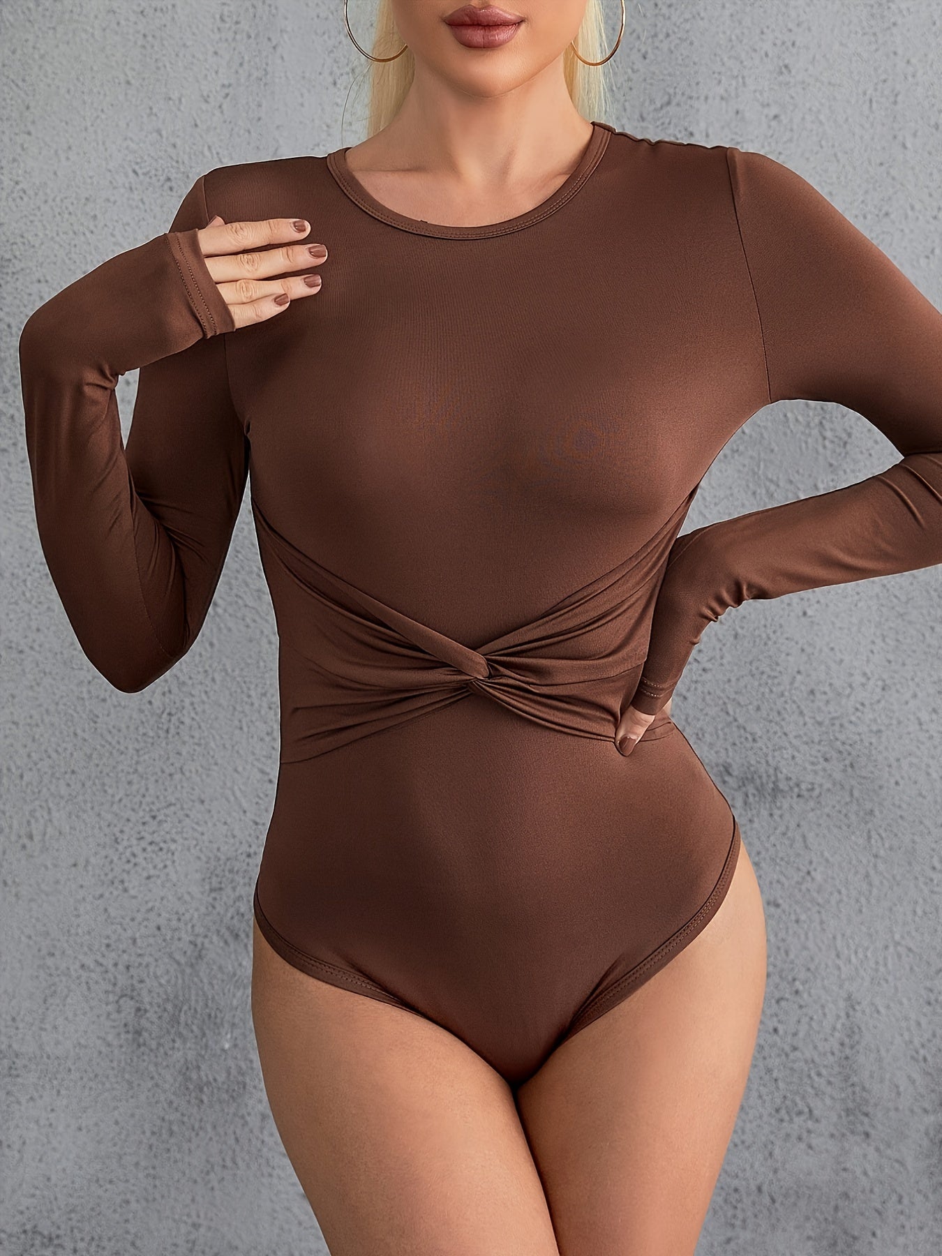 Solid Twist Front Long Sleeve Bodysuit Women's Clothing