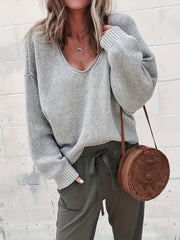  Solid V Neck Long Sleeve Sweater