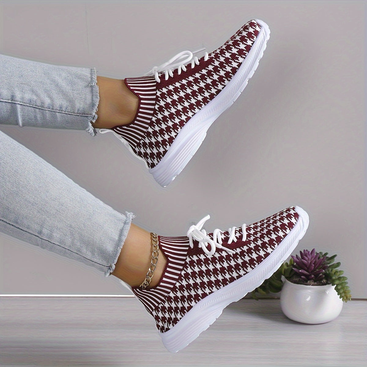 Women's Houndstooth Lace-up Sneakers Lightweight Sports Outdoor Shoes