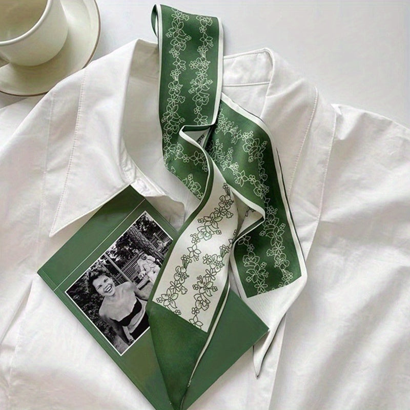 Green Printed Twilly Scarf Long Ribbon Skinny Scarf Neck Tie Women Hair Ribbon