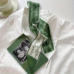 Green Printed Twilly Scarf Long Ribbon Skinny Scarf Neck Tie Women Hair Ribbon