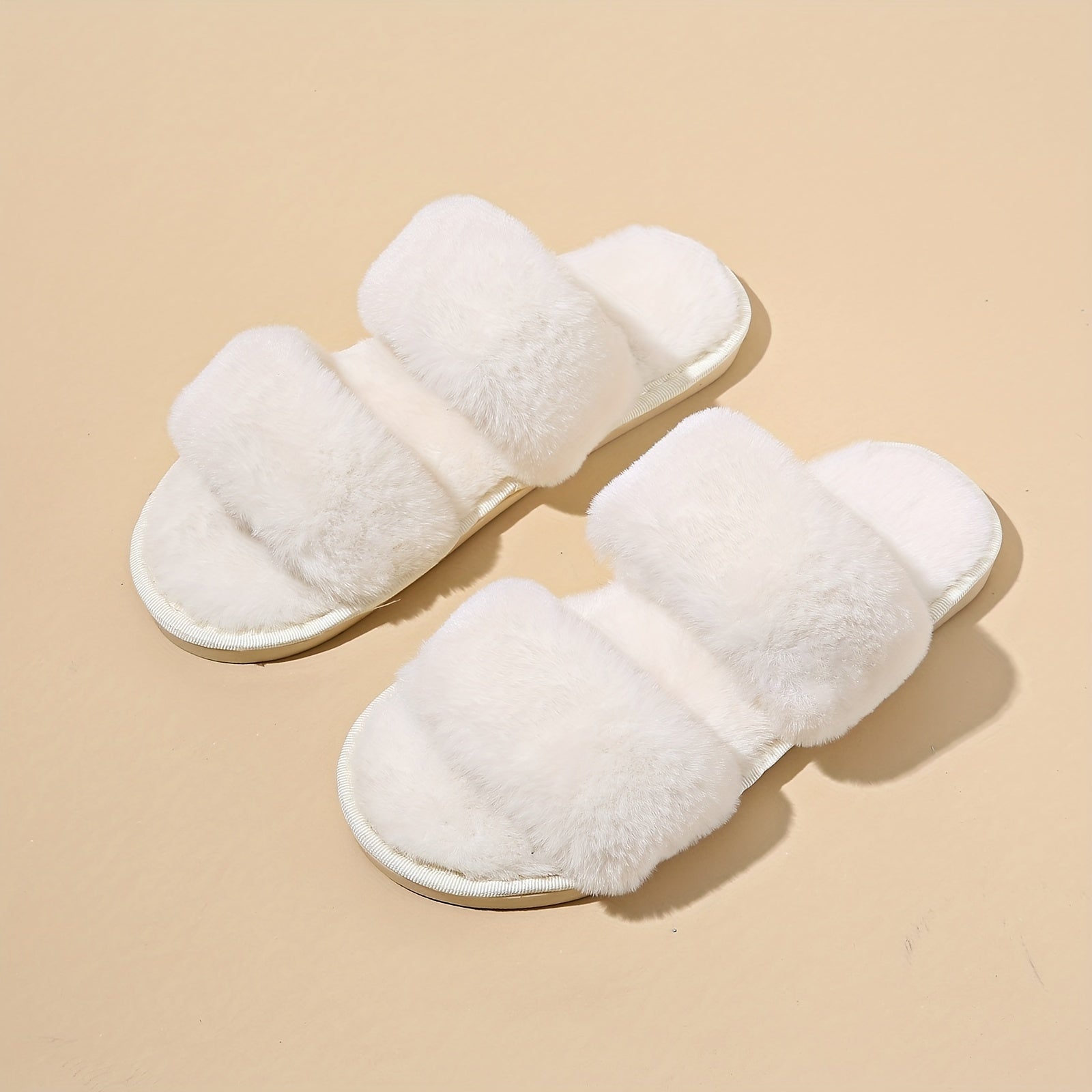 Women's Double Straps Flat Slippers Open Toe Solid Non Slip Fluffy Home Shoes