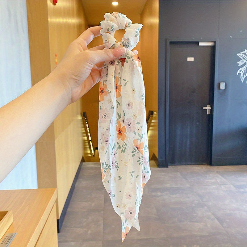 Sweet Floral Print Hair Ties Thin Ribbon Decor Hair Accessories