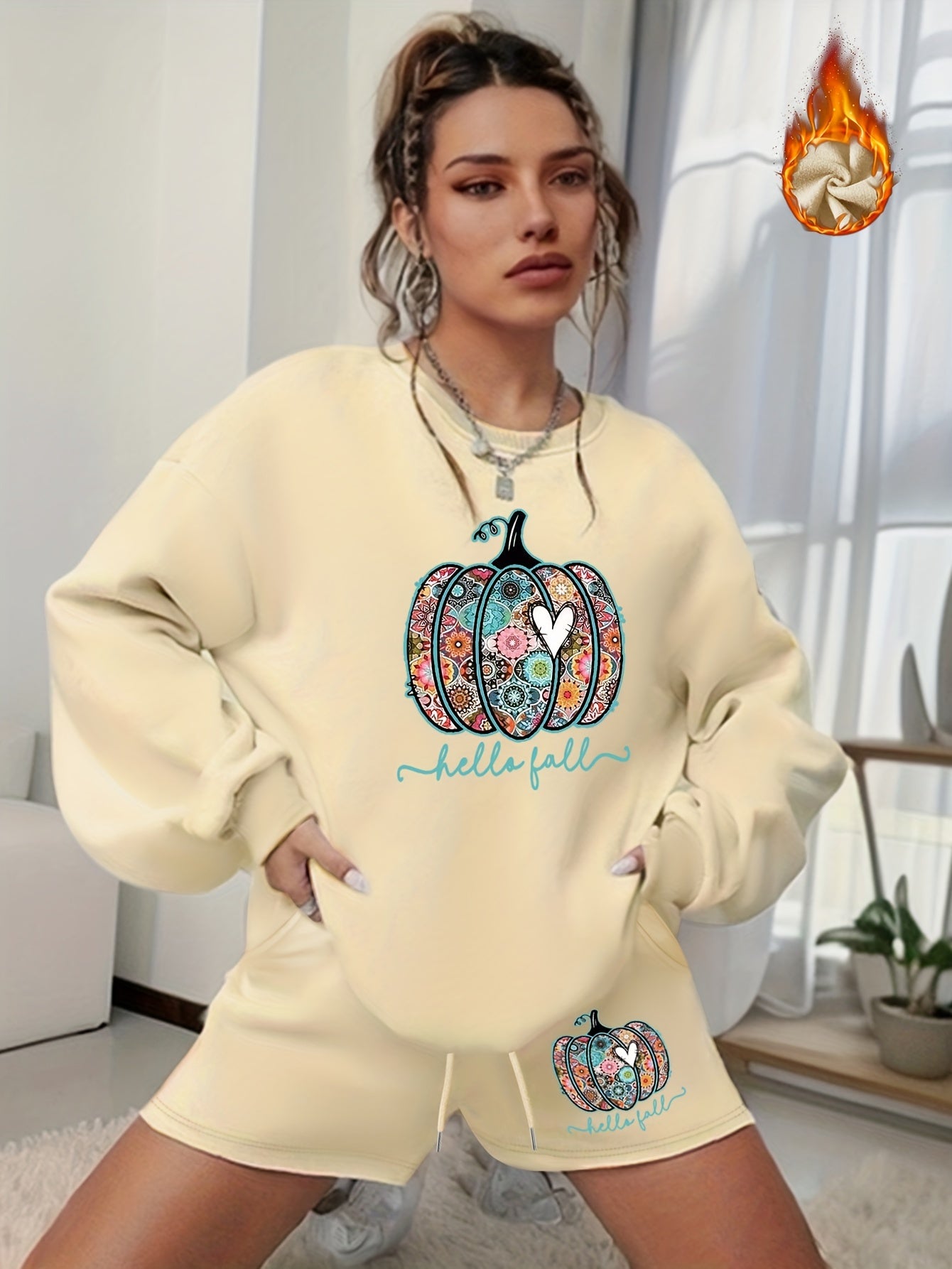 Women's Plus Pumpkin Sweatshirt & Shorts Halloween Set