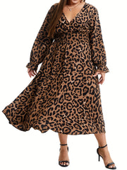  Leopard Print Long Sleeve Midi Dress