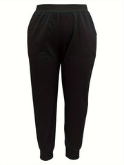  Sporty Pants Women's Plus Solid Elastic Waist Tapered Leg Pants