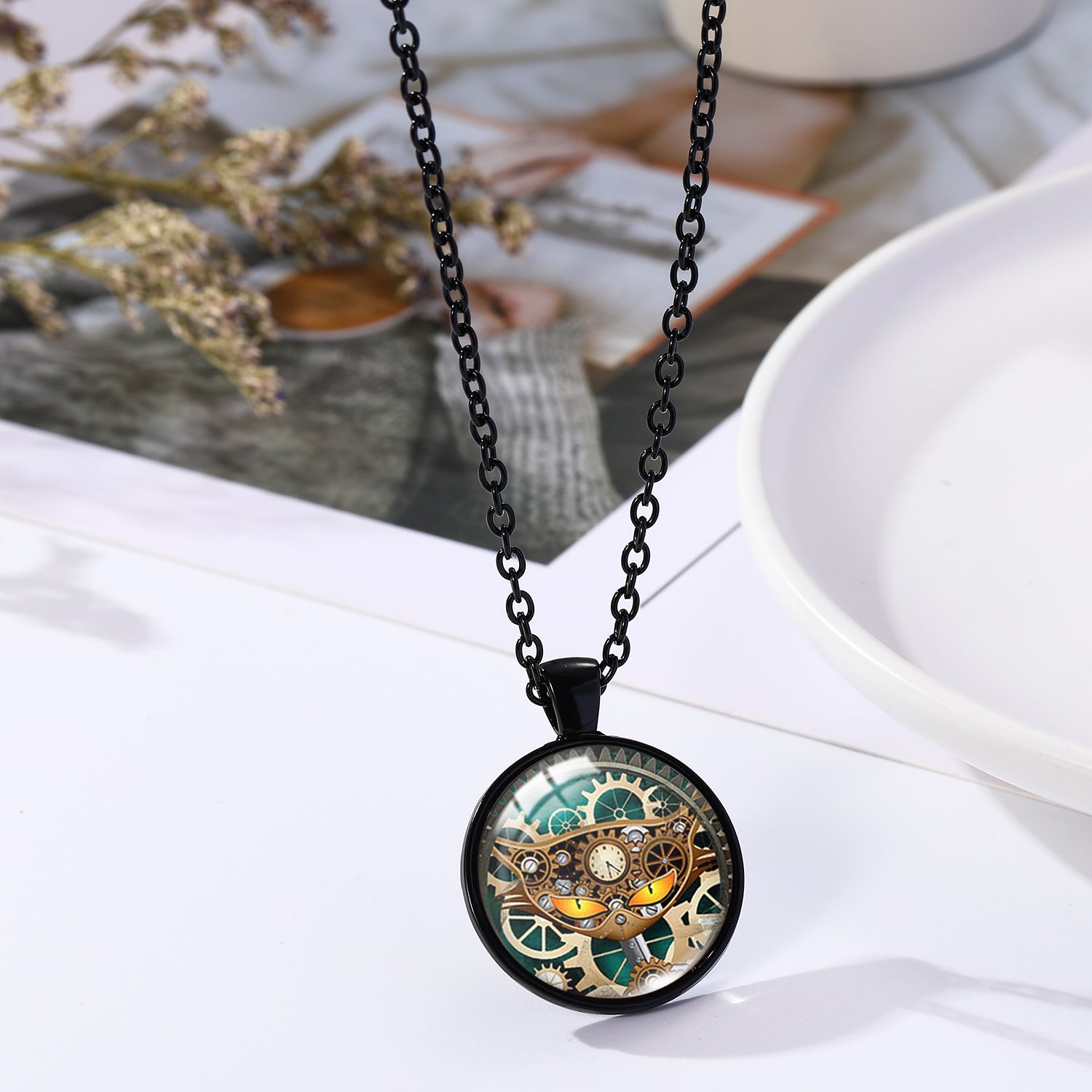 Steampunk Clock Shape Pendant Necklace Animal Pattern Goth Mech