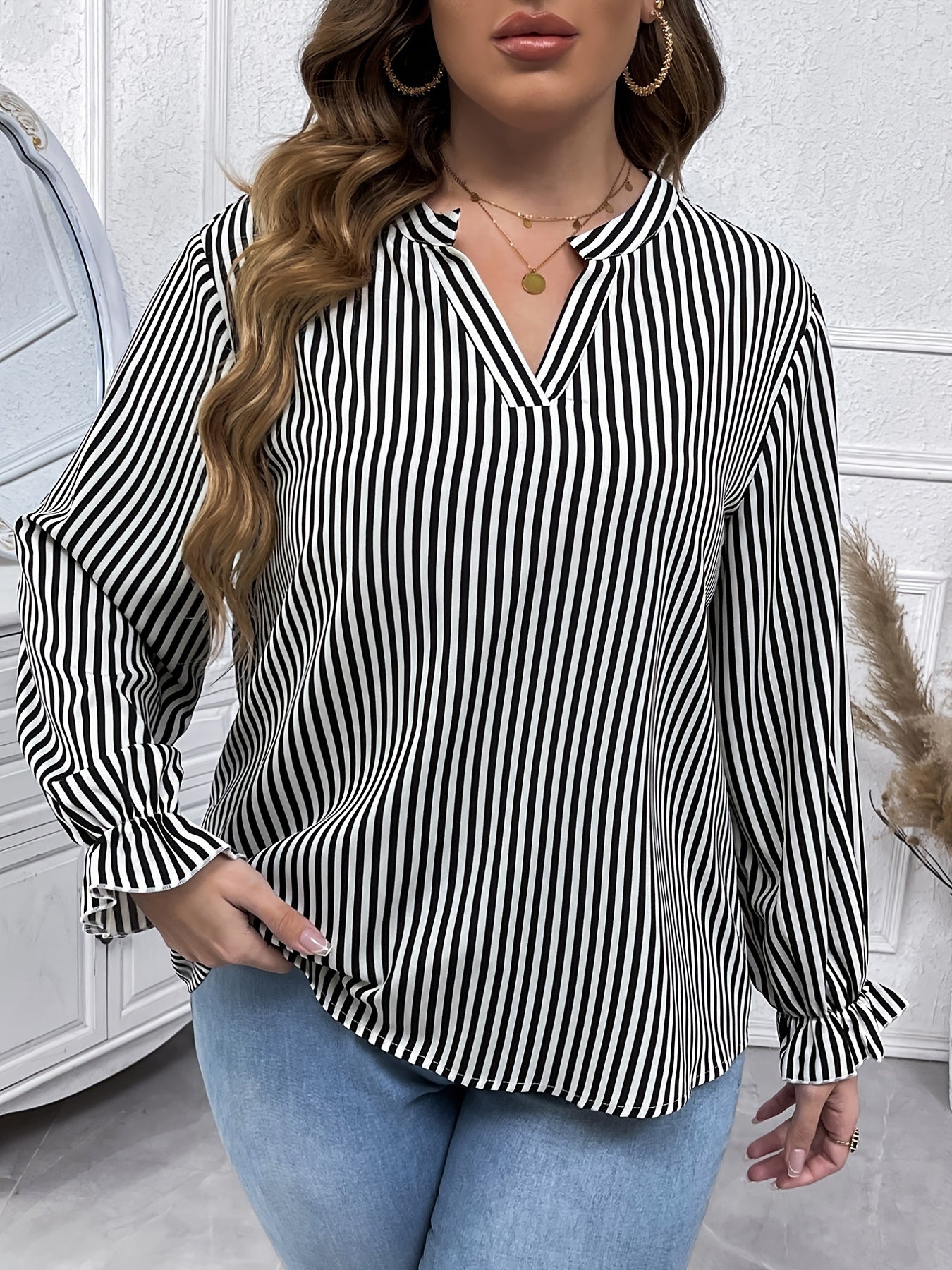 Striped Print Lantern Sleeve V Neck Blouse Plus Size Casual Blouse