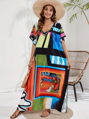  Geo Print Batwing Sleeve V-Neck Split Kaftan Cover Up