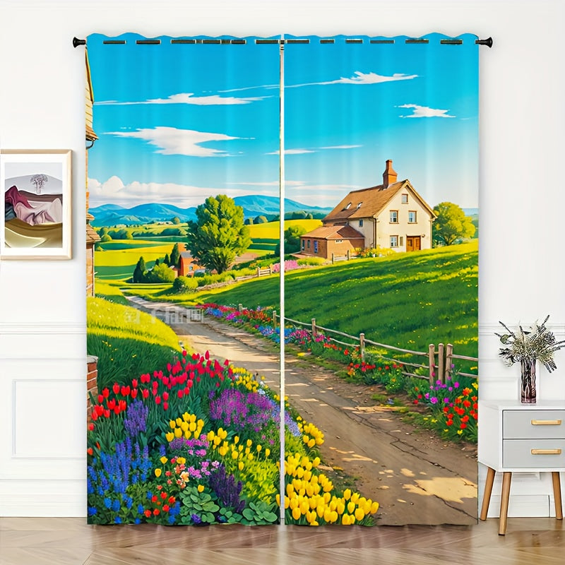2pcs Flowers Blooming Scenery Curtains Tapestries Outdoor Decor