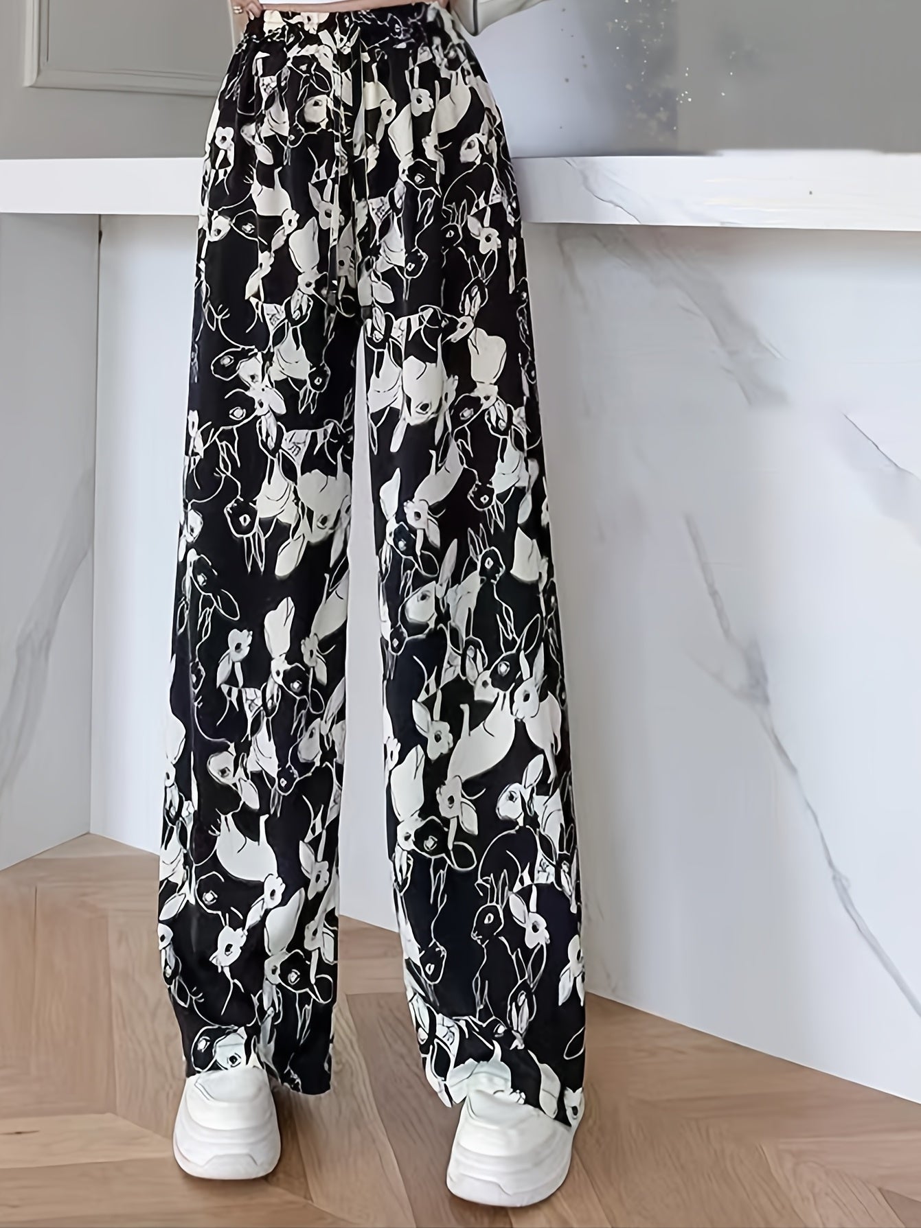  Colorblock Rabbit Print Drawstring Wide Leg Pants