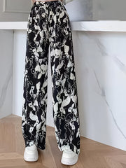  Colorblock Rabbit Print Drawstring Wide Leg Pants