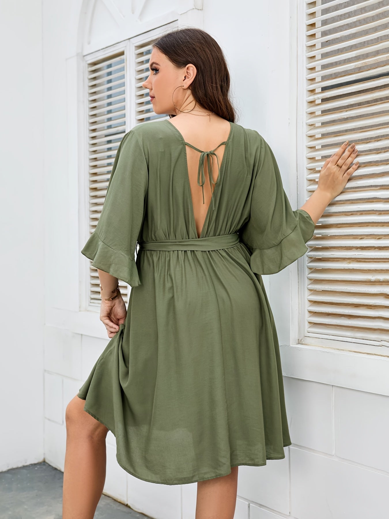  V Neck Dress with Belt Women's Plus Slim Fit Dress
