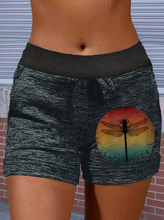 Dragonfly Print Drawstring Shorts with Pockets