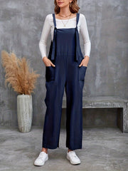 Solid Knot Strap Overall Jumpsuit with Pockets