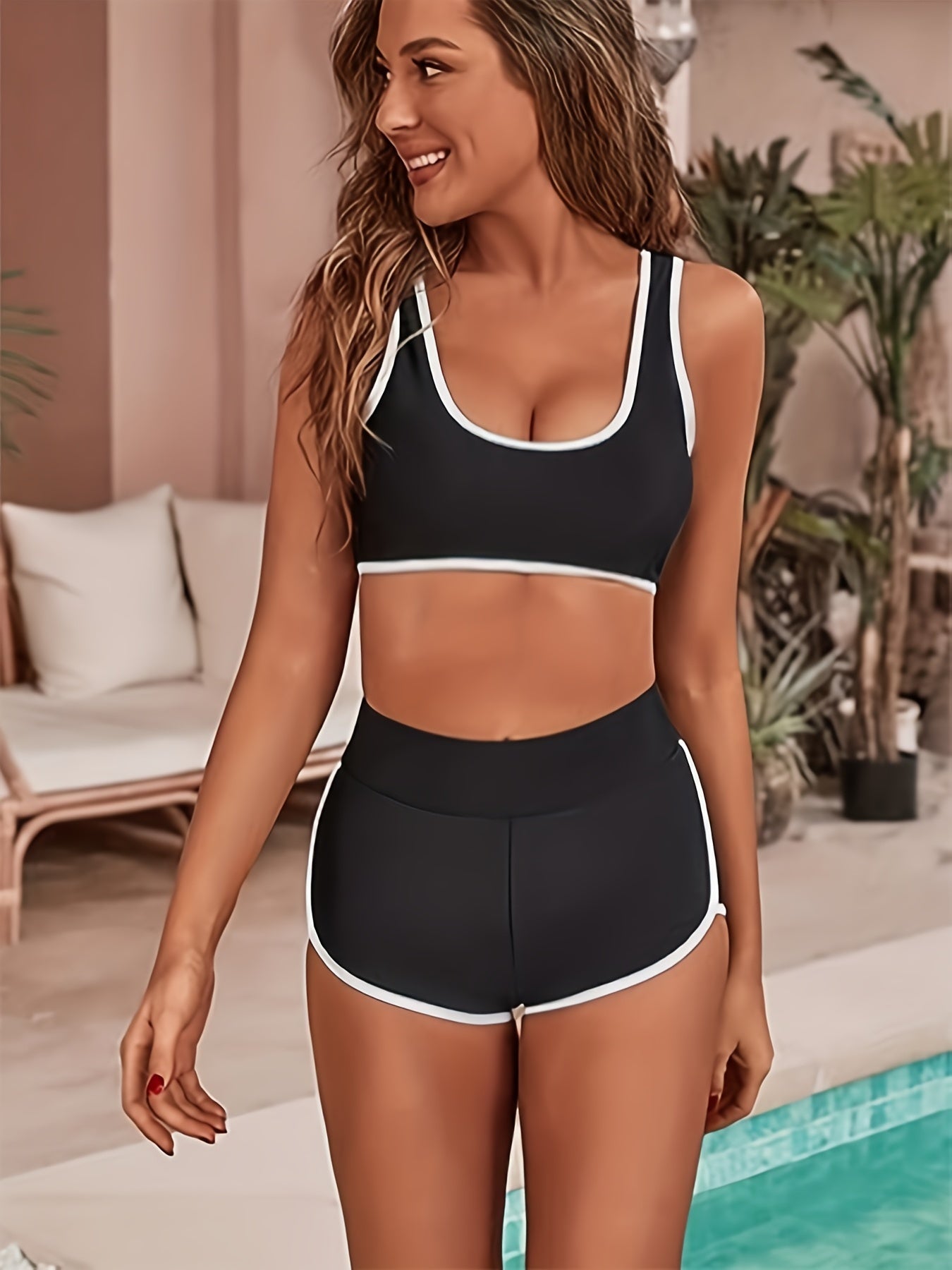 Sporty Bikini Set Plus Size Contrast Trim Scoop Neck Tank Bra & High Waisted Sho