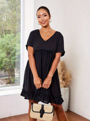 Solid Short Sleeve V Neck A line Mini Dress