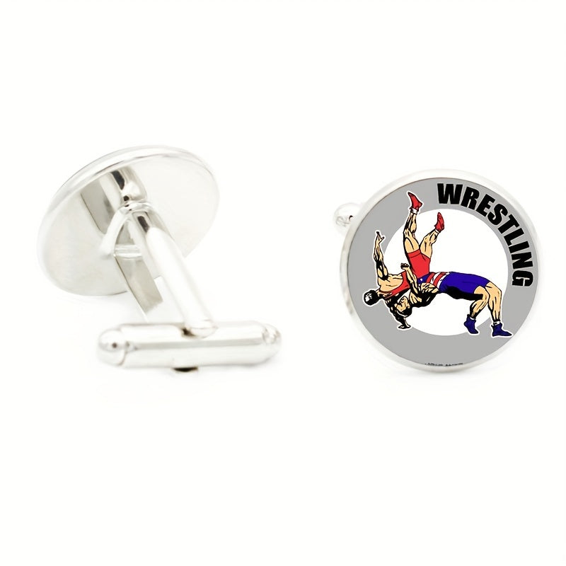 Wrestling Glass Gem Cufflinks Rhodium Plated Alloy Base Gentleman Cuff Link