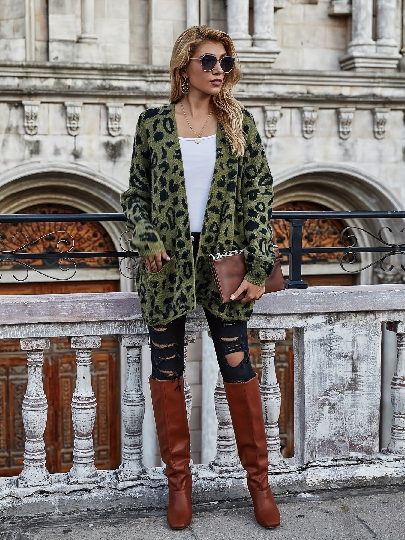  Leopard Print Open Front Cardigan With Pockets