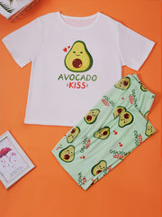 Avocado Print Pajama Set Short Sleeve Crew Neck Top & Elastic Waistband Pants
