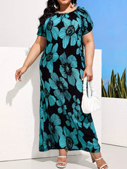 Floral Print Short Sleeve Midi Dress