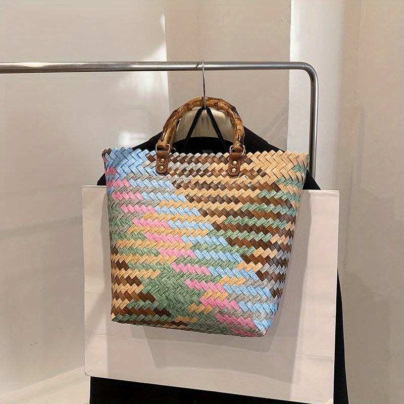 Straw Woven Beach Bag with Bamboo Handle Boho Style Handbag