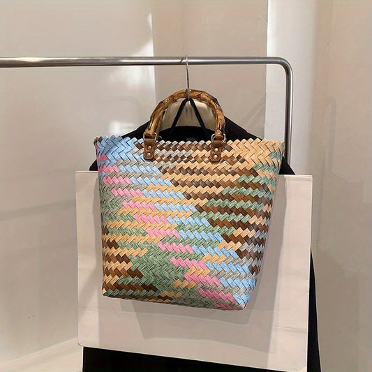 Straw Woven Beach Bag with Bamboo Handle Boho Style Handbag