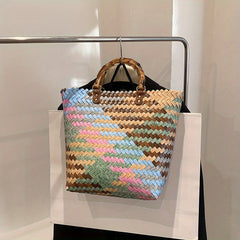 Straw Woven Beach Bag with Bamboo Handle Boho Style Handbag
