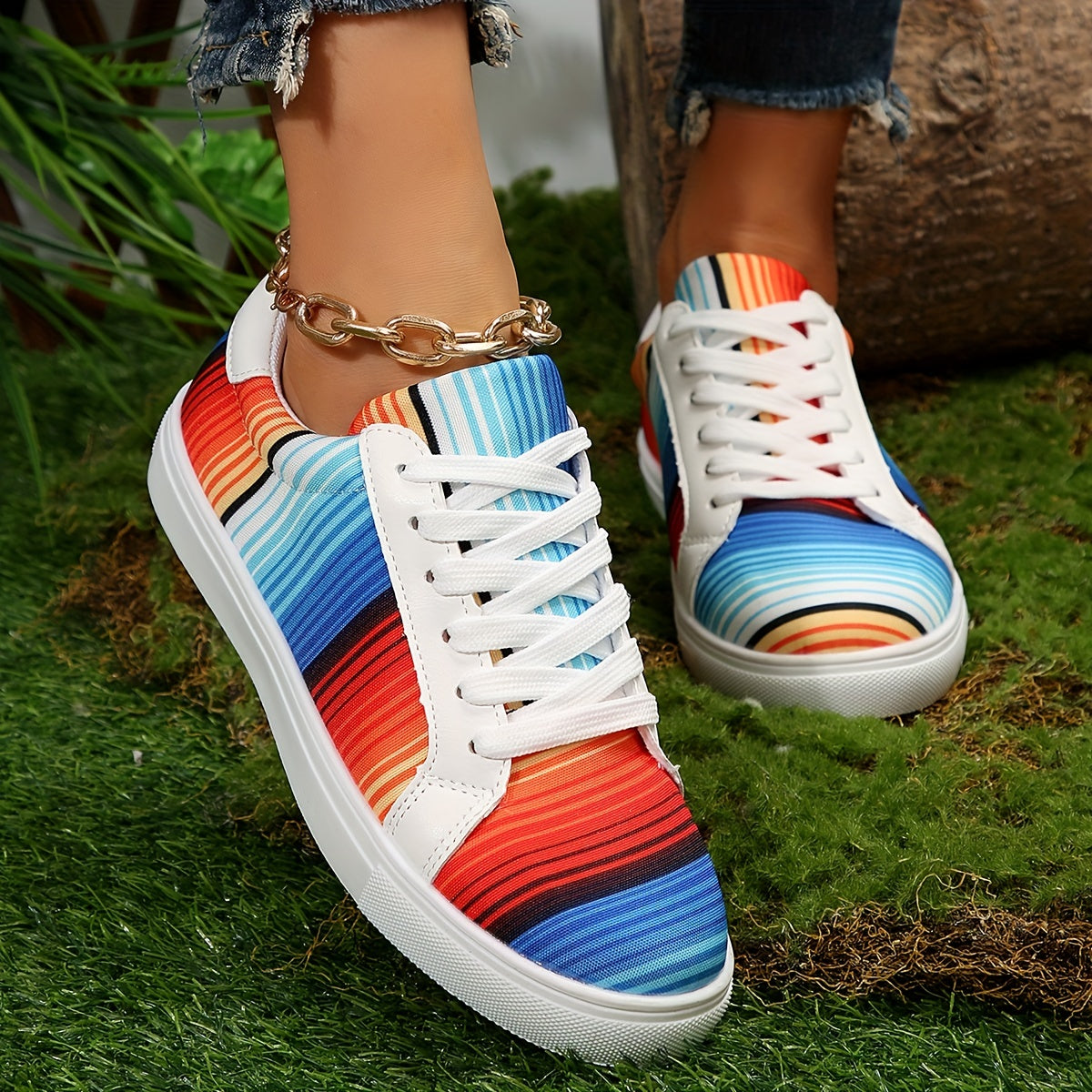 Colorful Striped Canvas Shoes Low Top Flat Walking Sneakers