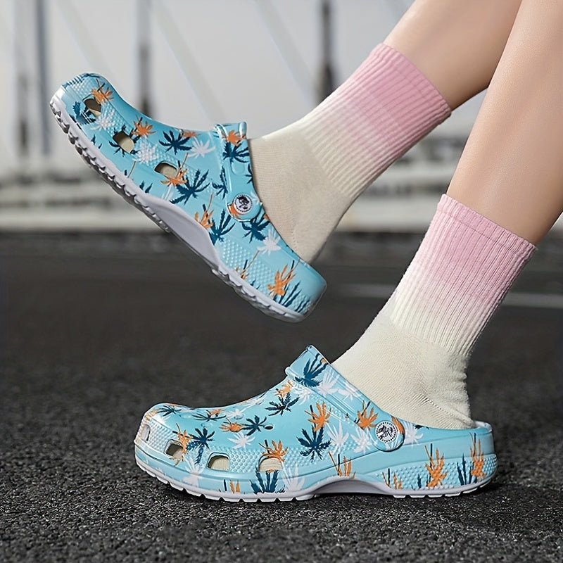 Women's Coconut Leaves Pattern Clogs Slip On Beach Shoes