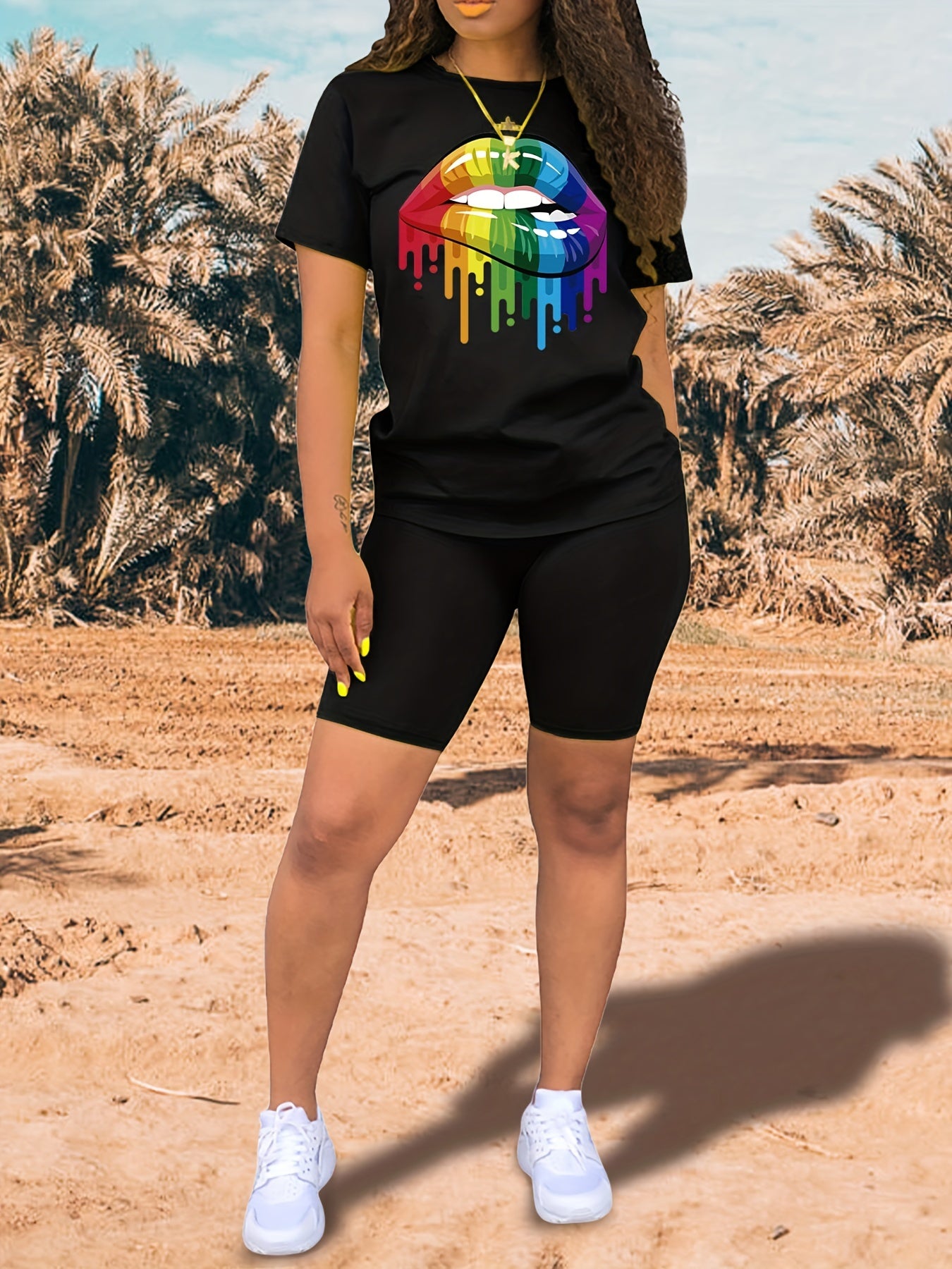 Lips Print Tee & Slim Shorts Set for Women