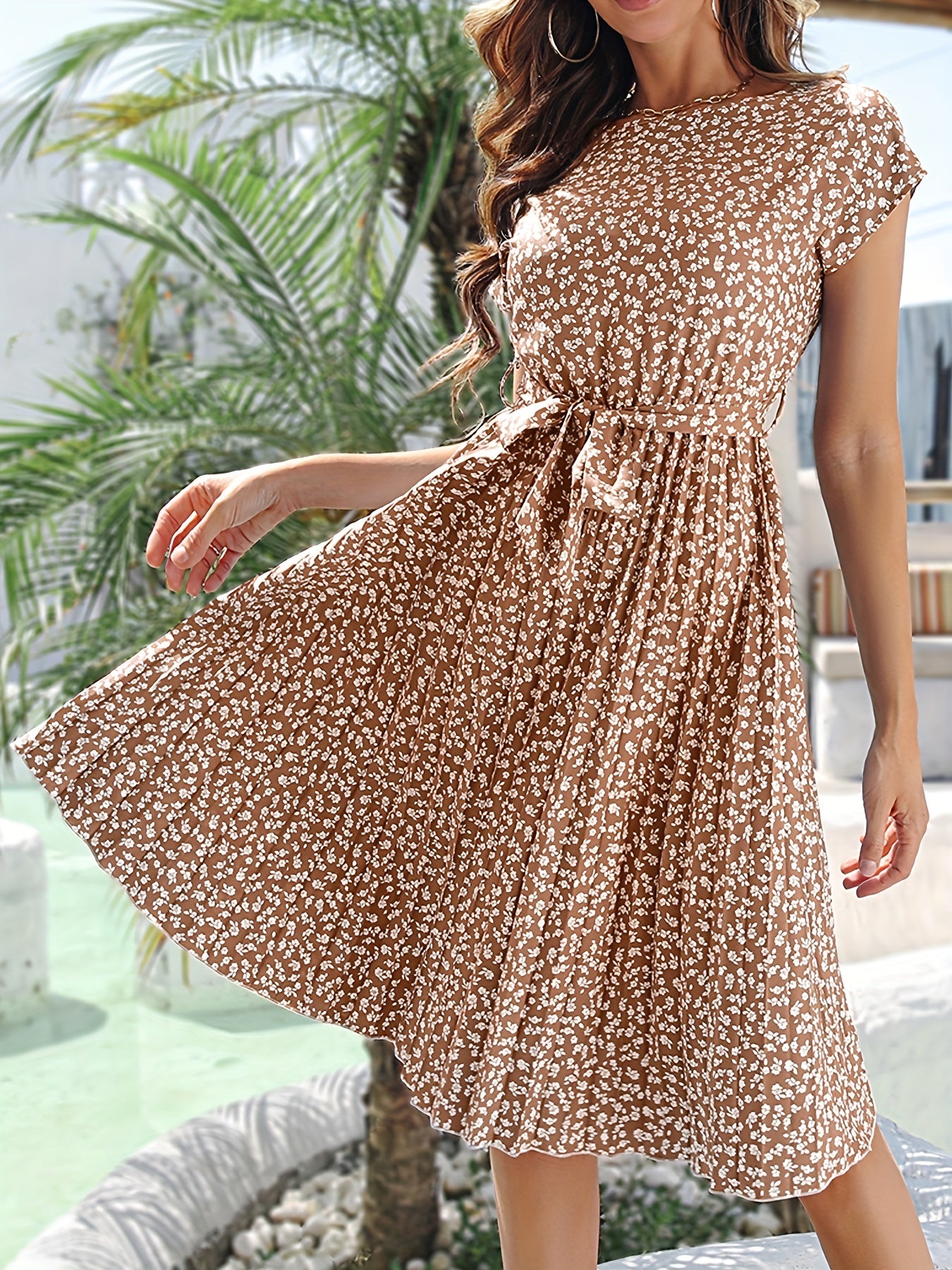 Floral Print Belted Dress Short Sleeve Casual Vacation Dress Spring & Summer