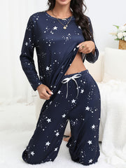 Starry Print Pajama Set Long Sleeve Crew Neck Top & Pants Sleepwear