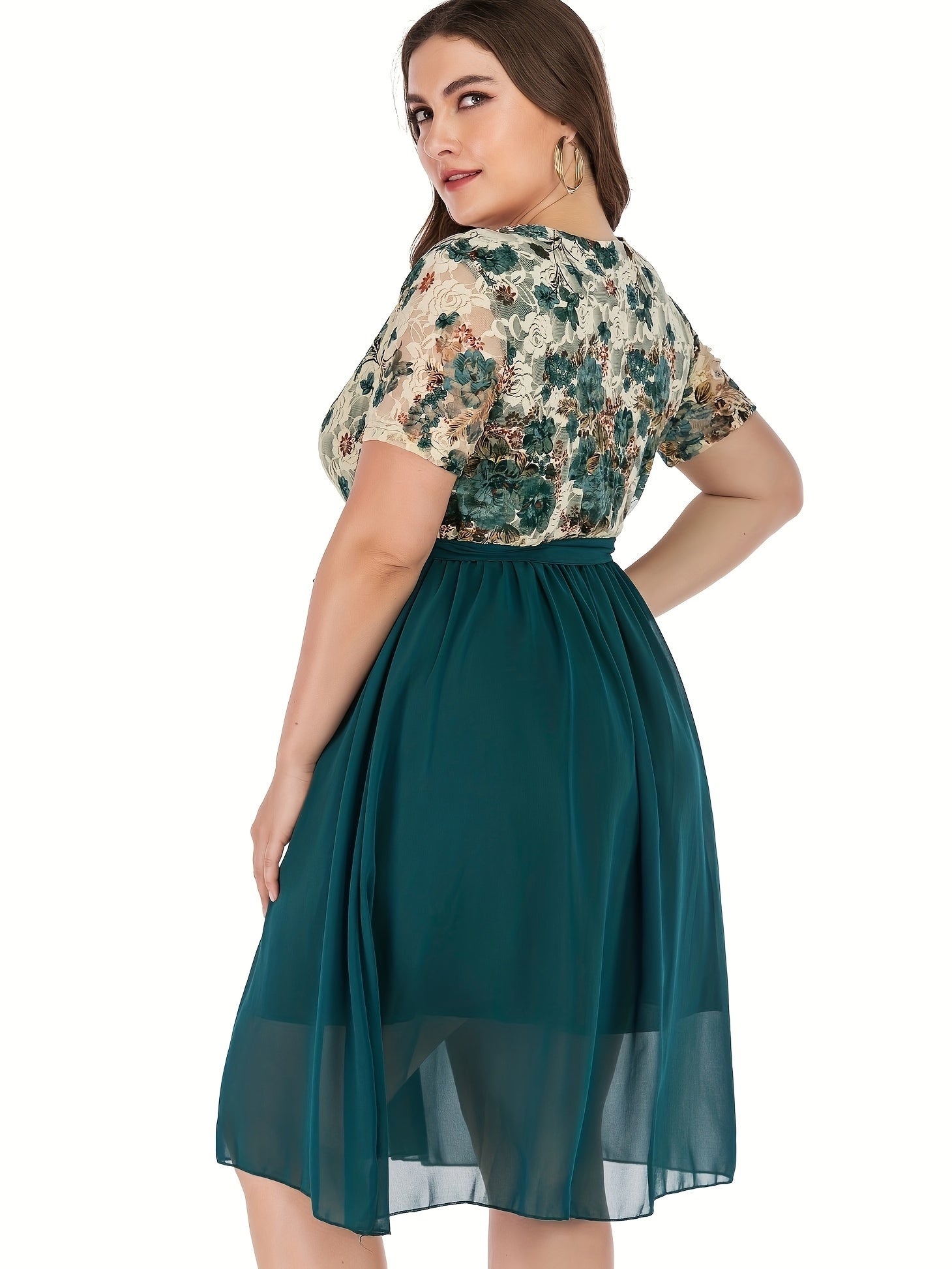 Women's Plus Floral Print Mesh Sleeve Midi Dress