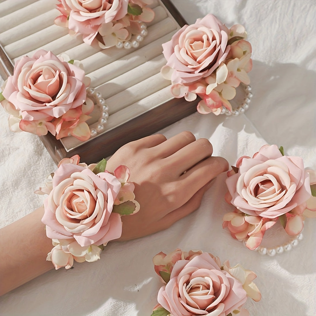 6pcs Rose & Faux Wrist Corsages for Bridal Party