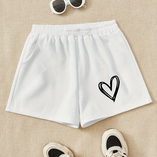 Girls Heart Print Sweat Shorts Elastic Waist Casual Sports Clothes