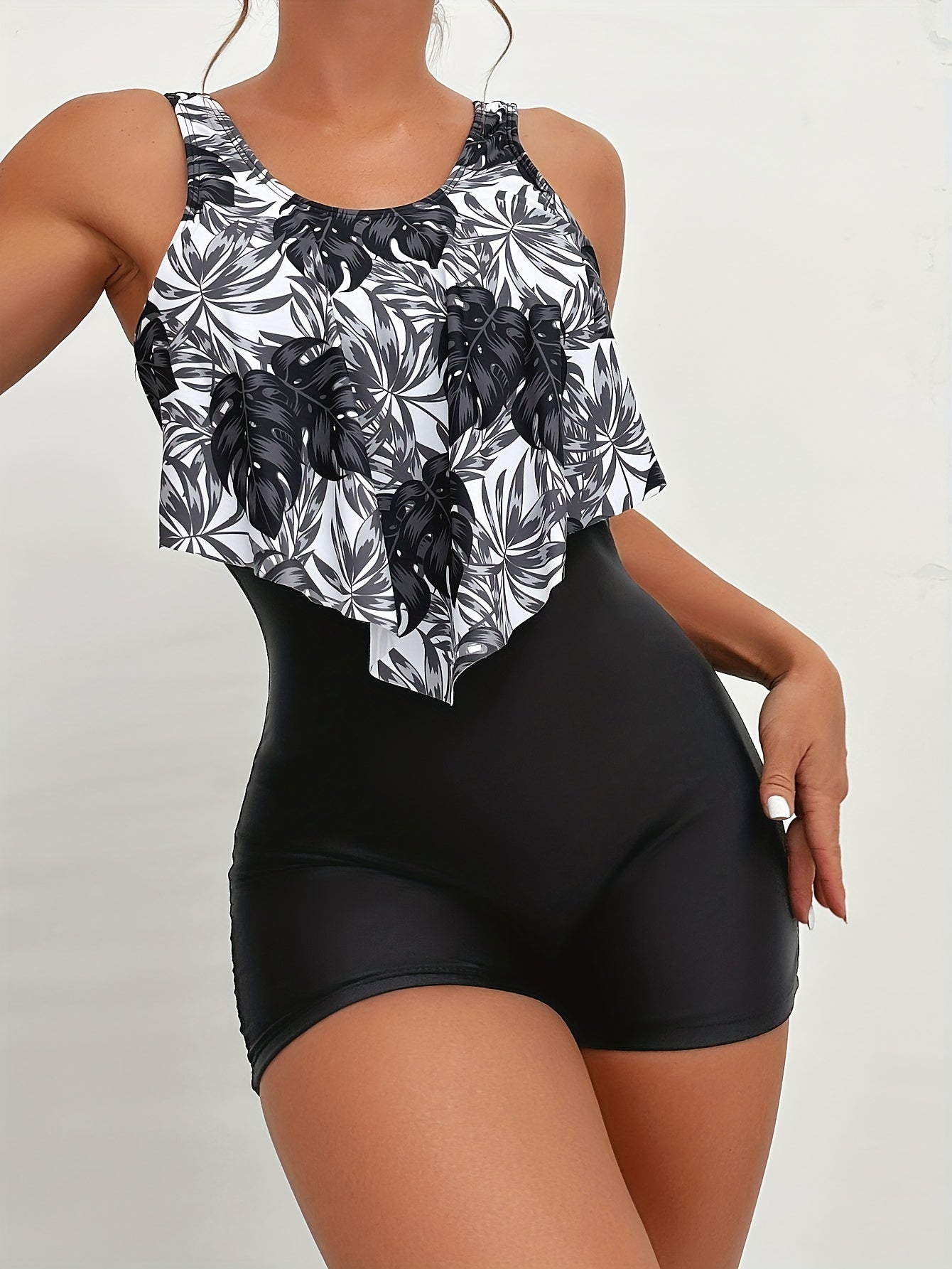 Tropical Palm Leaf Print Ruffle One Piece Swimsuit