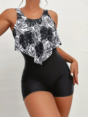 Tropical Palm Leaf Print Ruffle One Piece Swimsuit