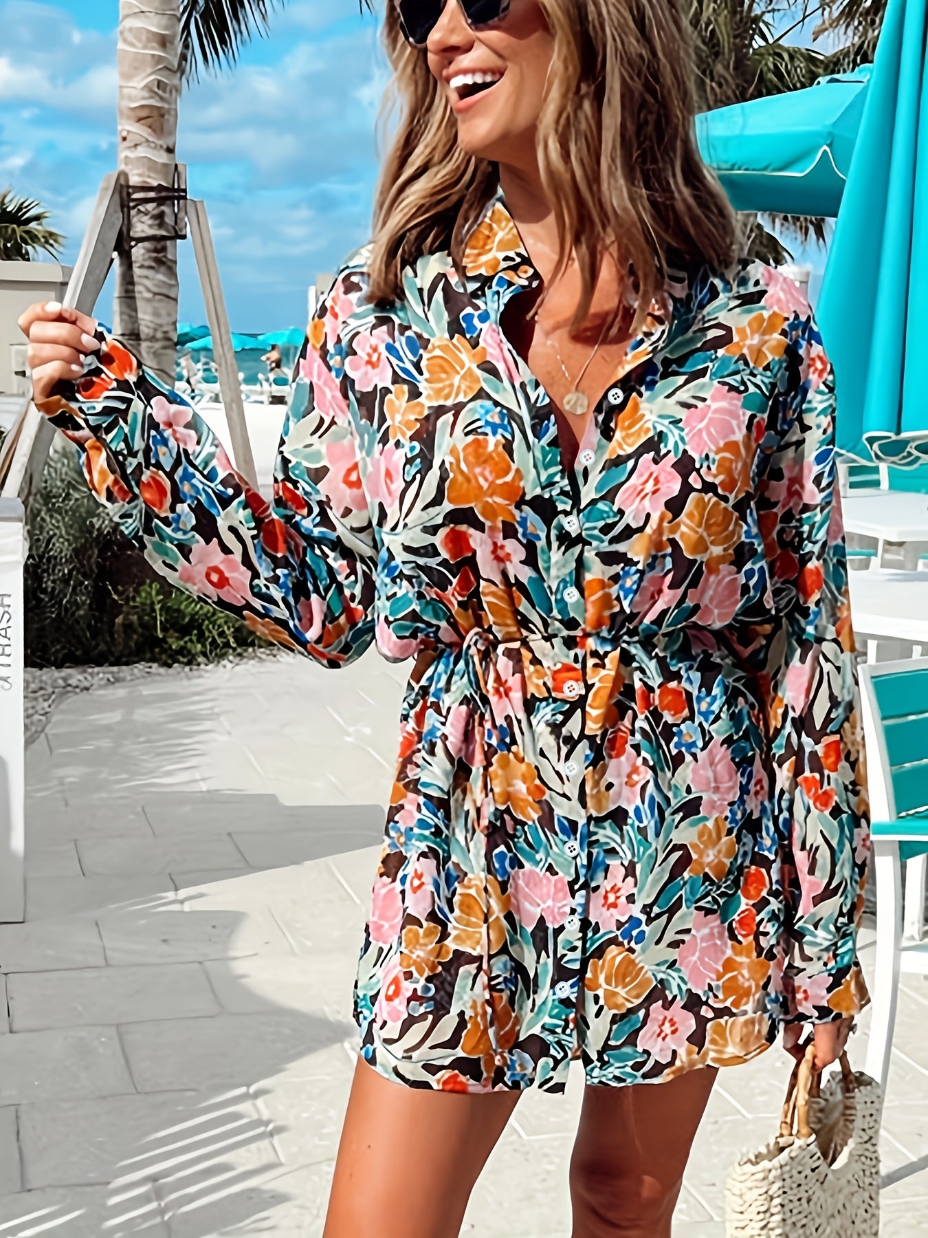  Allover Floral Print Long Sleeve Dress