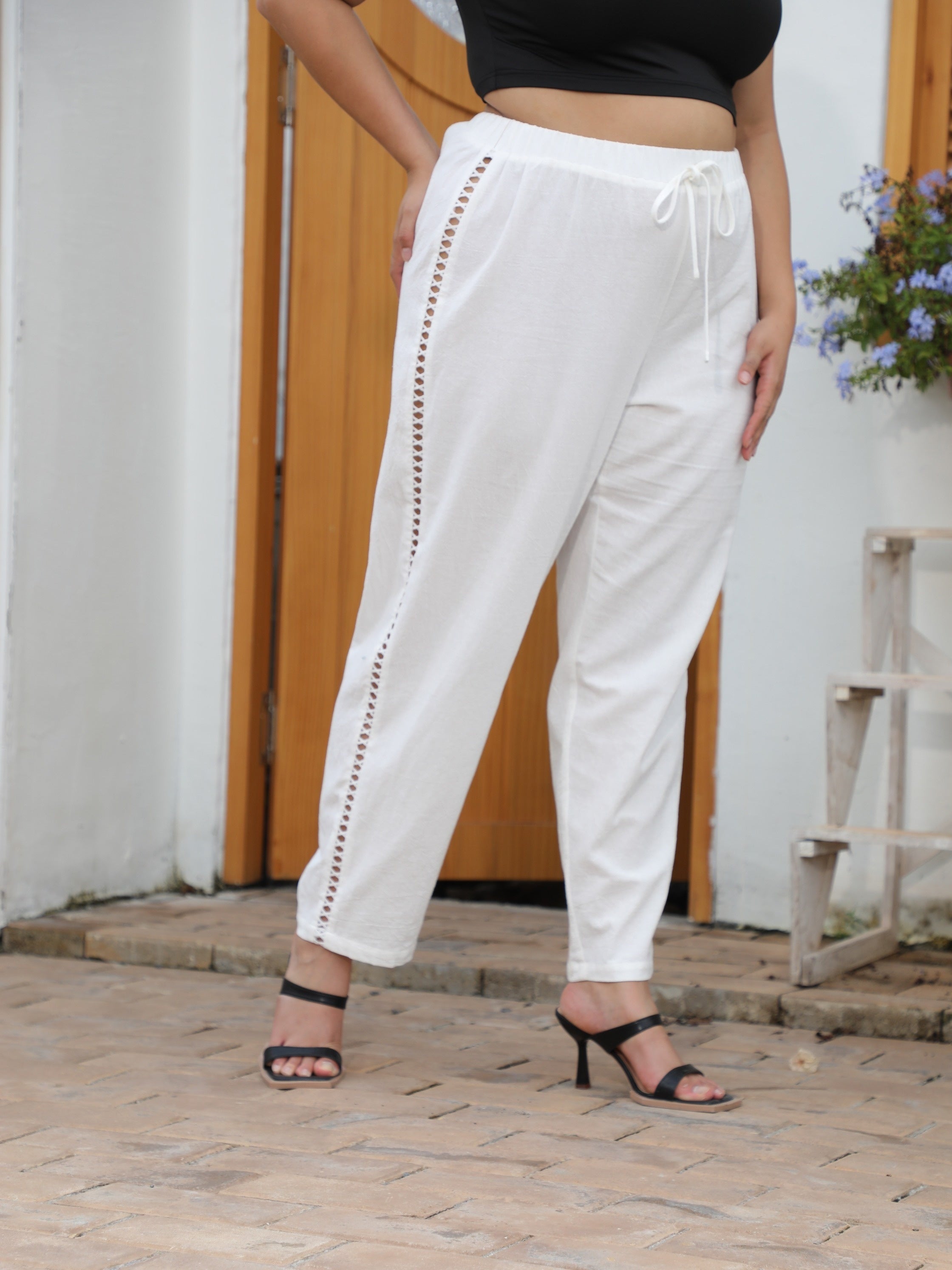  Solid Elastic Drawstring Lace Trousers