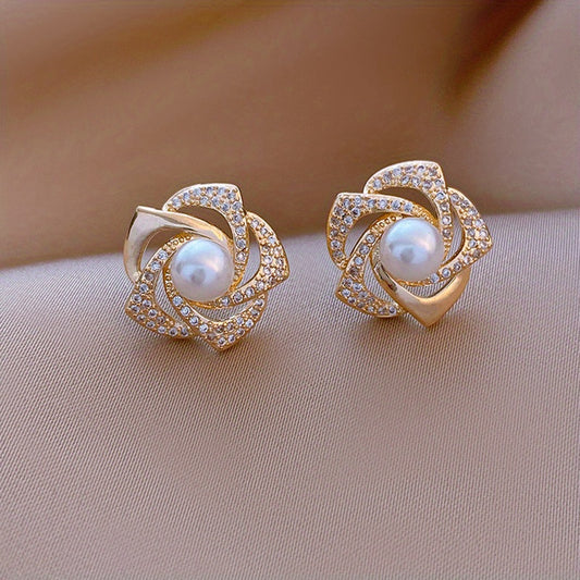 Vintage Rose Flower Rhinestone Pearl Stud Earrings Jewelry Gift