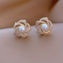 Vintage Rose Flower Rhinestone Pearl Stud Earrings Jewelry Gift